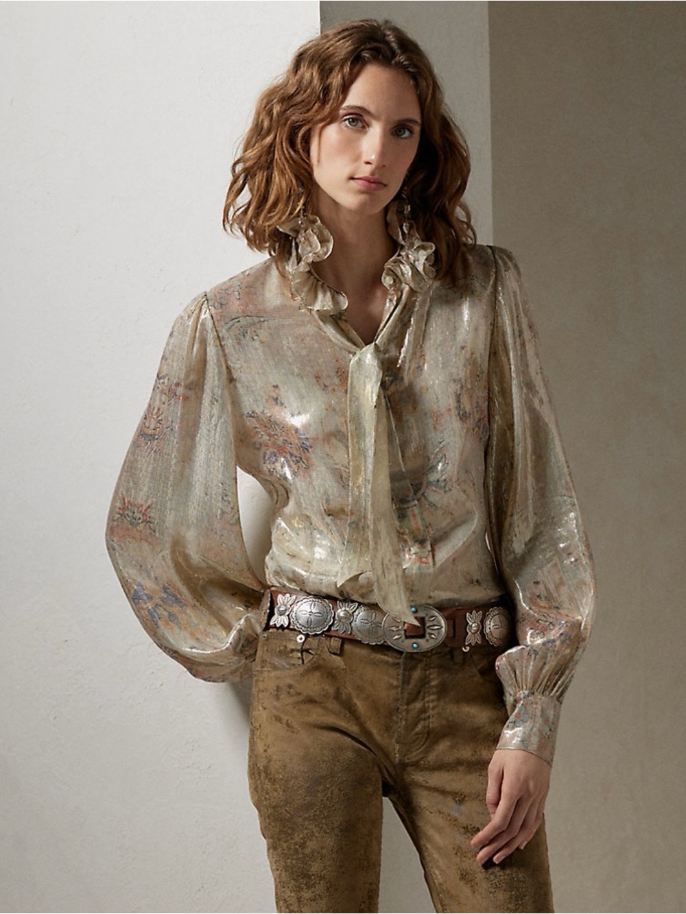 Ralph Lauren Silver Metallic Floral Ruffle Blouse